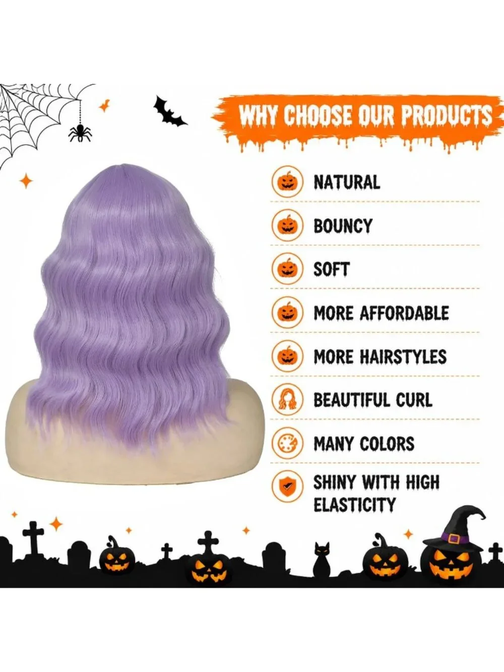 Women's Lavender Purple 14 Inch Heat Resistant Short Wavy Hair Pastel Wig Bangs